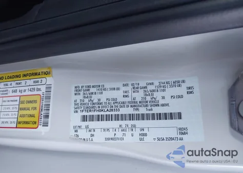 2019 Ford Ranger Lariat из США, поврежденный, VIN 1FTER1FH0KLA28333